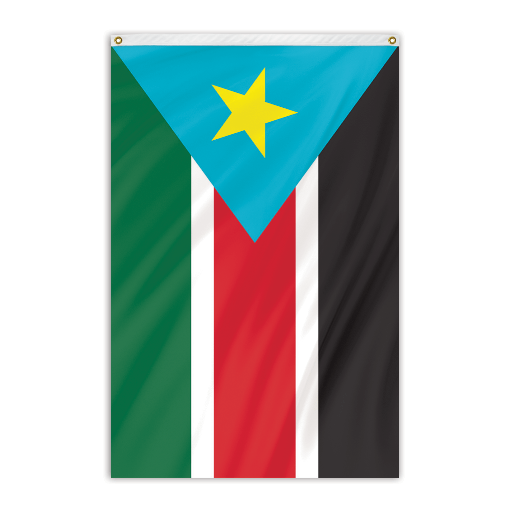 South SUdan National flag for sale to buy online. Black, red, green, and white flag with a yellow star inside of a blue triangle. 