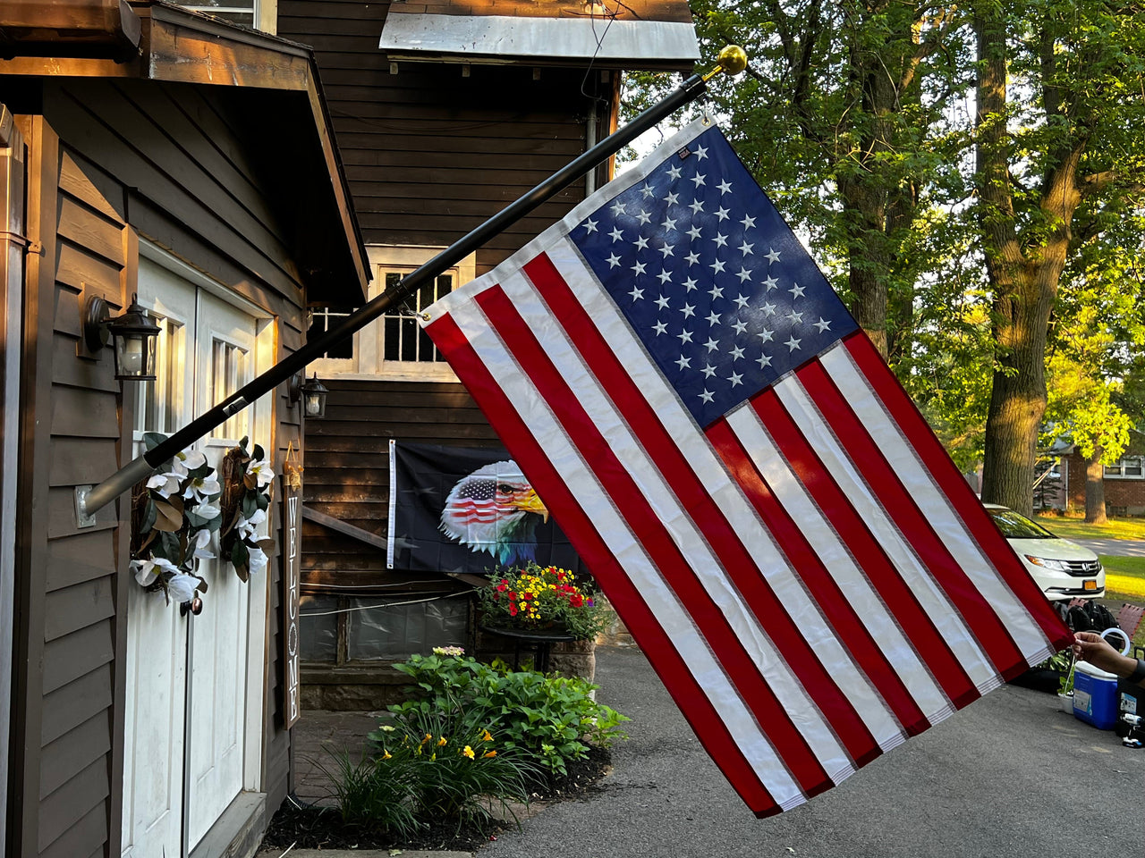 6FT Phoenix Outrigger Flag Pole Set w/ 3'x5' Premium Nylon American Flag & Embroidered Stars & Gold Ball Topper