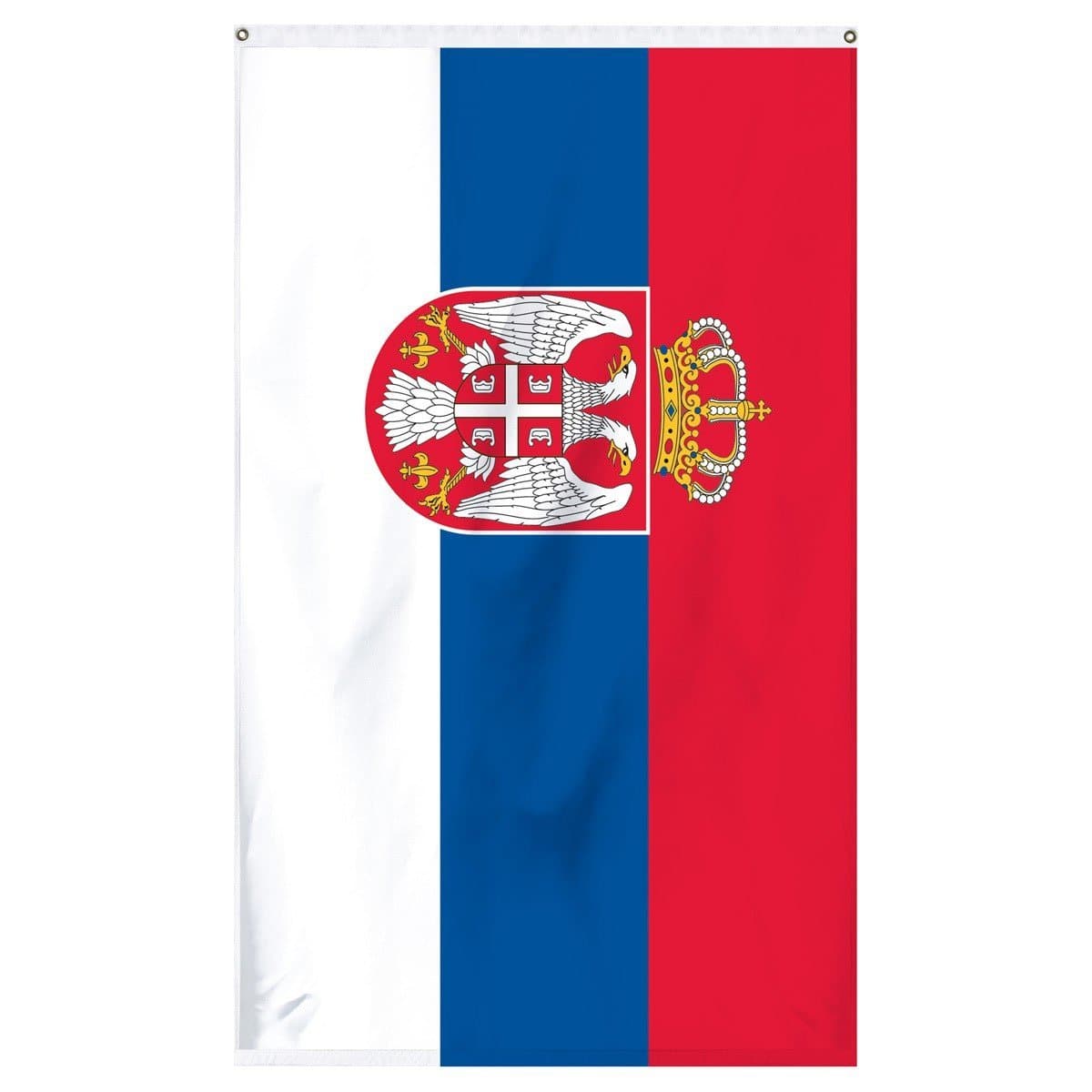 Serbia National Flag for sale to buy online from Atlantic Flag and Pole. Red, blue, and white flag with two white eagles on a shield with a crown on top.