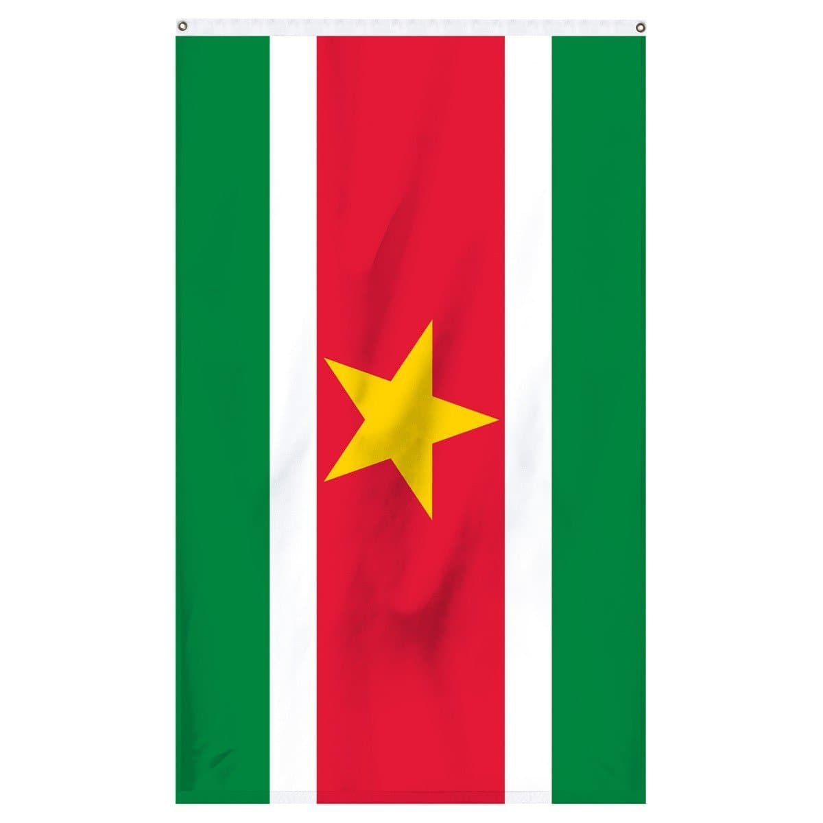 Suriname National flag for sale to buy online from Atlantic Flag and Pole. Green, white, and red flag with a yellow star in the middle.