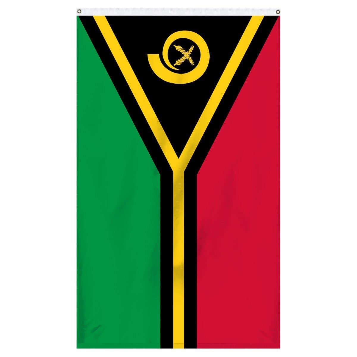 Vanuatu National flag for sale to buy online from the American company Atlantic Flag and Pole. A horizontal bicolor of red and green with the black isosceles triangle based on the hoist side bearing the golden boar's tusk encircling two crossed namely fern fronds in the center and the golden pall, a thin yellow narrow horizontal stripe that splits in the shape of the horizontal Y, centered over the partition lines and was edged in black against the red and the green bands while the two points of the Y face 