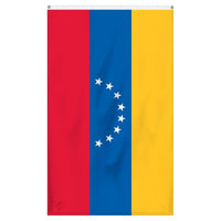 Thumbnail for Venezuela National flag for sale to buy online from the American company Atlantic Flag and Pole. A horizontal tricolor of yellow, blue and red with the National Coat of Arms on the upper hoist-side of the yellow band and an arc of eight white five-pointed stars centered on the blue band.