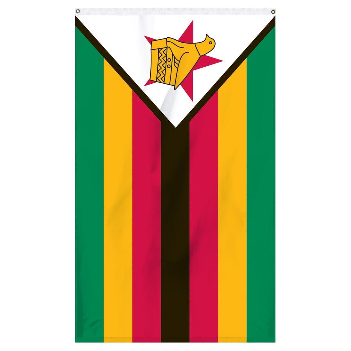 Zimbabwe National flag for sale to buy online from Atlantic Flag and Pole, an American company. Seven horizontal stripes of green, yellow, red, black, red, yellow and green with a black-edged white isosceles triangle base on the hoist side bearing a Zimbabwe bird superimposed on a red five-pointed star.